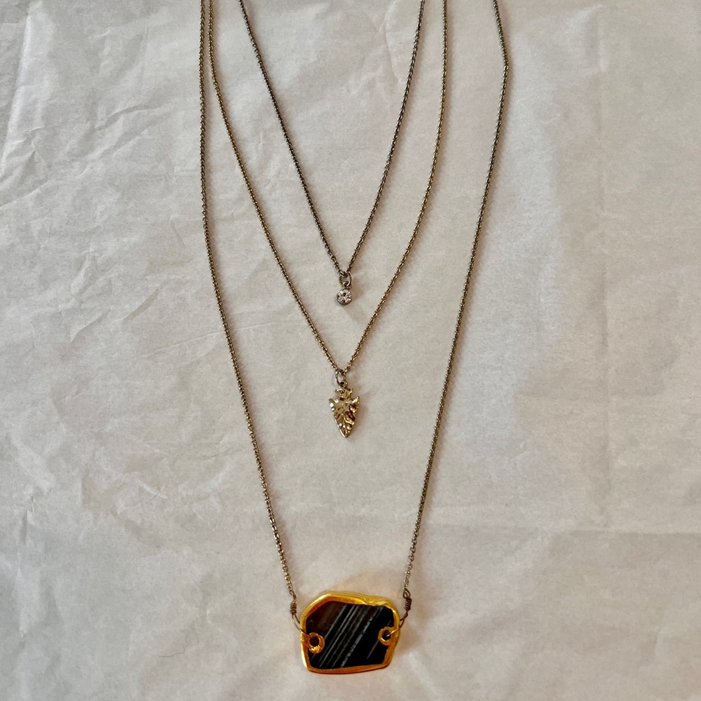 Layered Gold-Tone Pendant Necklace with Black Stone